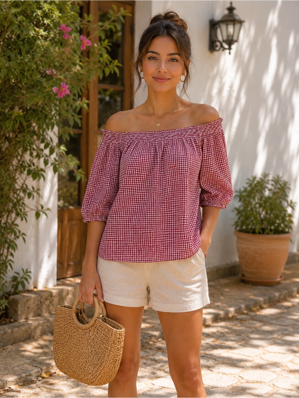 Old Navy Red and White Gingham Smocked Top